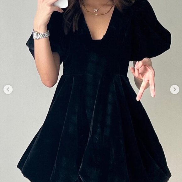 Zara Dress Black Mini V Neck Puffer Sleeves Balloon Bottom Velvet Size M - Picture 2 of 5